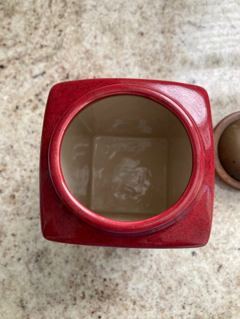 Pier 1 Imports Deep Red Sugar Canister w/ Brass Domed Lid trimmed w/ Wood